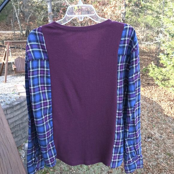 Upcycled Plaid And Waffle Knit Pullover: Oversized Plum Long Sleeved Flannel Tee - Picture 9 of 11